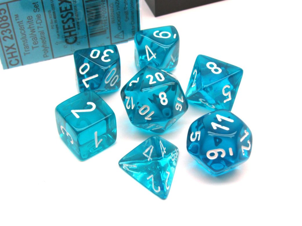 Dés en boite Translucent Teal w/white